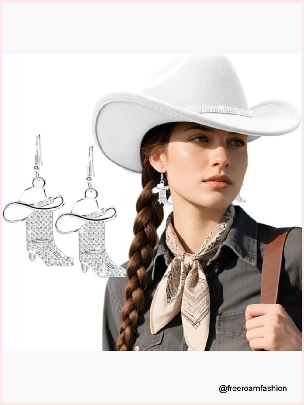 Glitter Rhinestone Cowboy Hat & Cowgirl Earrings Set - Adjustable Felt